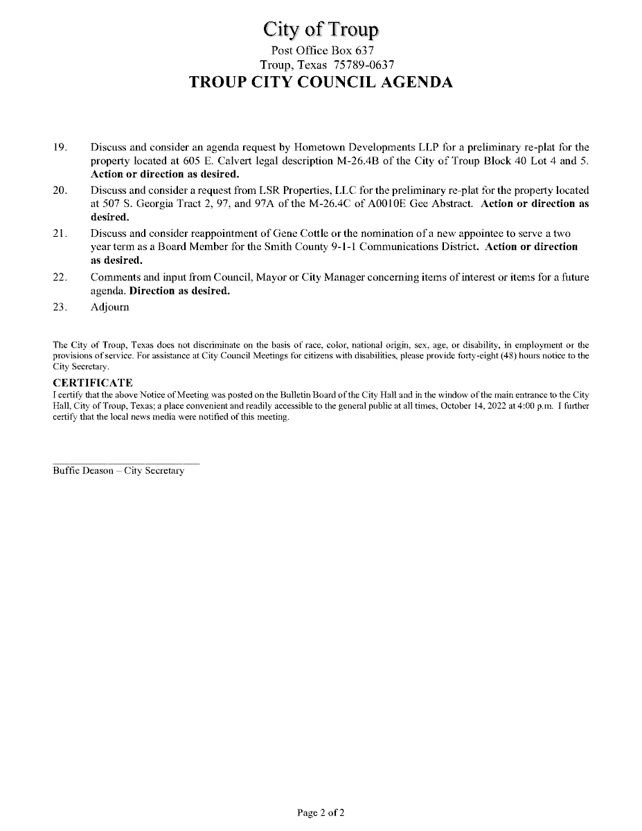 TroupTexas's tweet photo. There will be a Regular Meeting of the Troup City Council Monday, October 17, 2022 at 6:30 p.m. at the Cameron-J.Jarvis Troup Municipal Library. 
Follow this link to have access to the electronic Council Agenda packet: https://t.co/PwTDuIhoCe https://t.co/PYXsGxz5Lm
