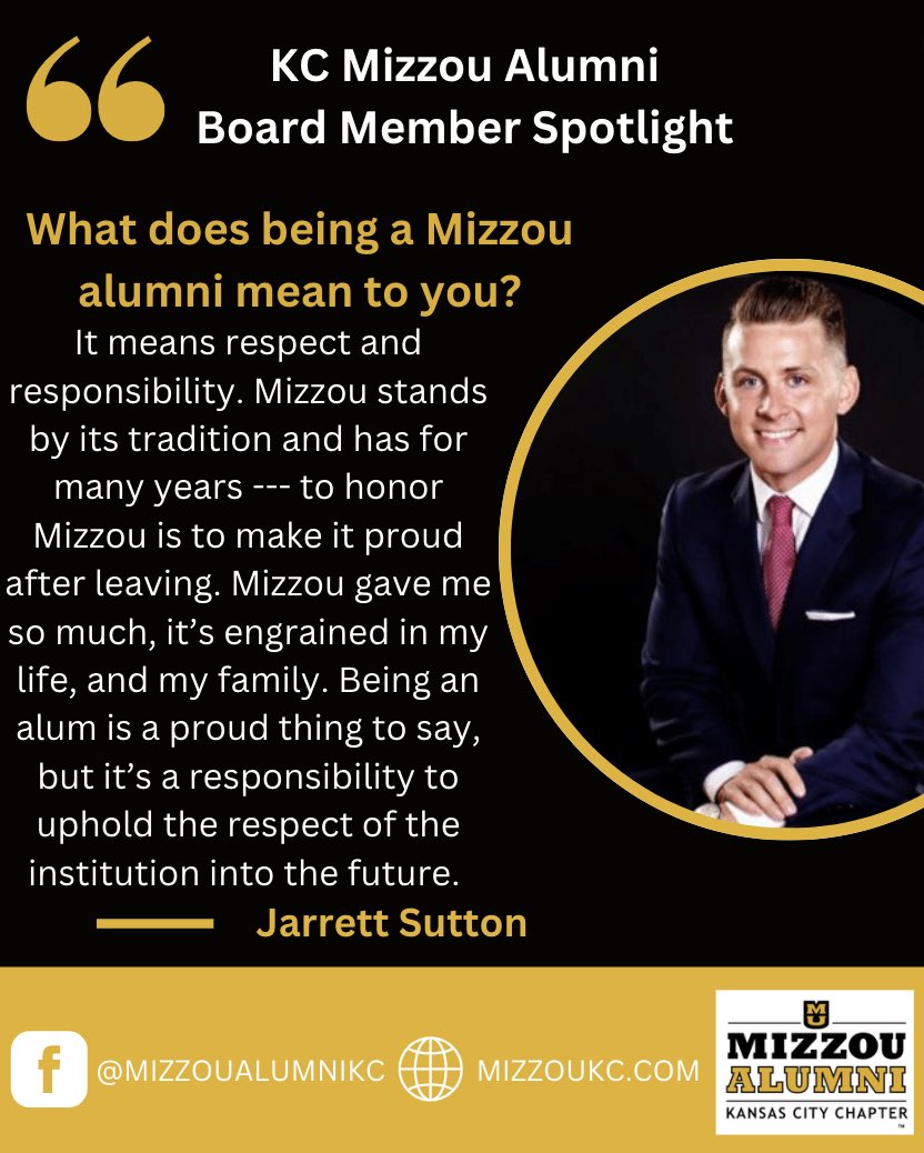 MizzouAlumniKC's tweet photo. In this week's Board Member Spotlight, we will be highlighting Jarrett Sutton. Jarrett has served on the board since 2016 and has been involved with Mizzou in numerous ways since he graduated. Thank you Jarrett for all that you do for our chapter and Mizzou! https://t.co/SN6lwYI0AU