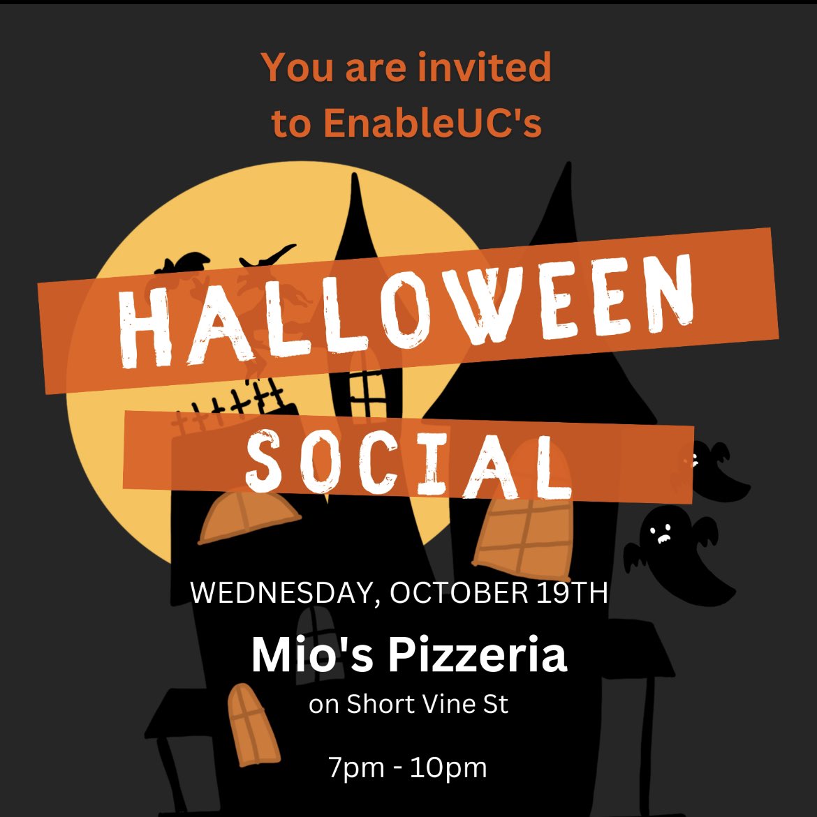 EnableCincy's tweet photo. Happy spooky season 👻 Join us at Mio’s Pizzeria on Short Vine for a Halloween Social! This is a great chance to mix and mingle with members outside of meetings and eat delicious food. There will also be a costume contest!! See you there! 🎃🕸🧛🏽‍♀️🧙‍♂️ https://t.co/fjQjYgcVLA