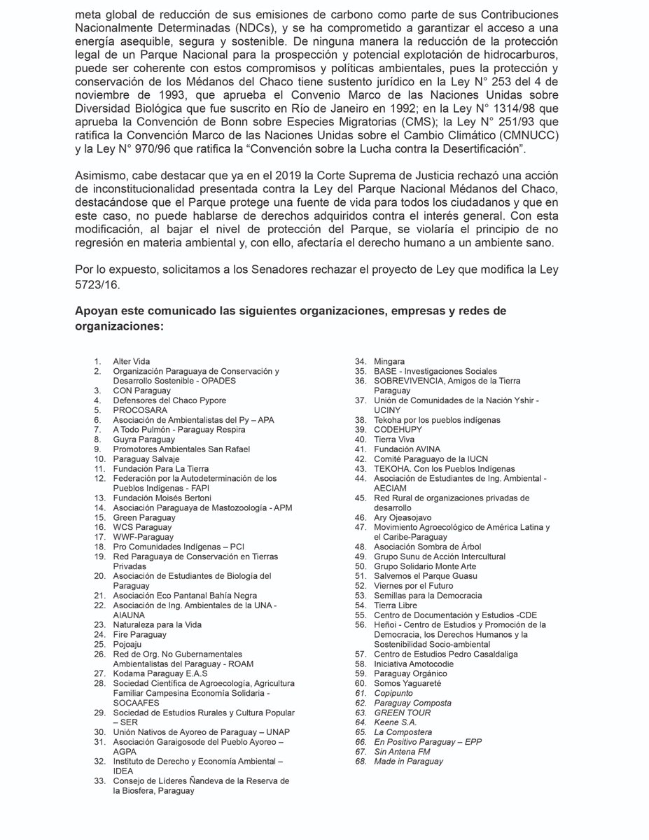 🟢Carta a <a href="/SenadoresPy/">SenadoPy</a>.

Desde la coalición #PorLosBosques advertimos que la modificación de la Ley N° 5723/16, que declara como área silvestre protegida al Parque Nacional Médanos del Chaco, representará un grave retroceso en materia de protección ambiental. #LosMédanosNoSeTocan