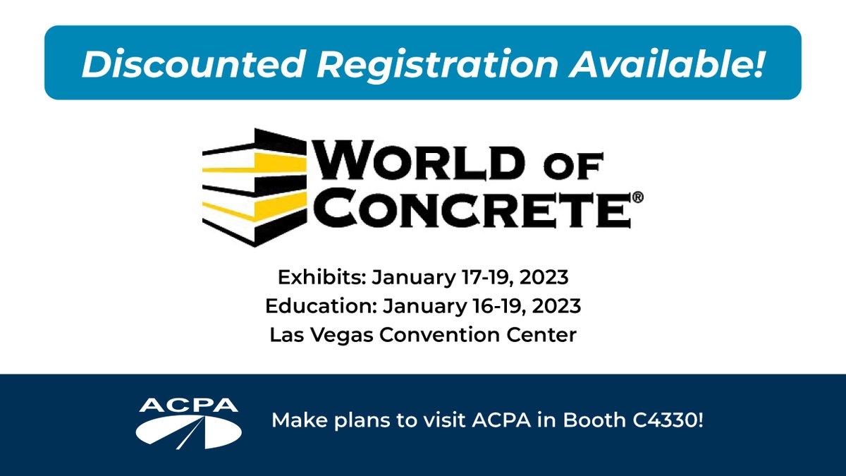 Discounted registration is now available for World of Concrete 2023! Register using our unique code "A14" to receive $25 Exhibits-Only admission (some exclusions apply). Rates go up after 12/12/2022, so register soon. hubs.li/Q01pQr_t0