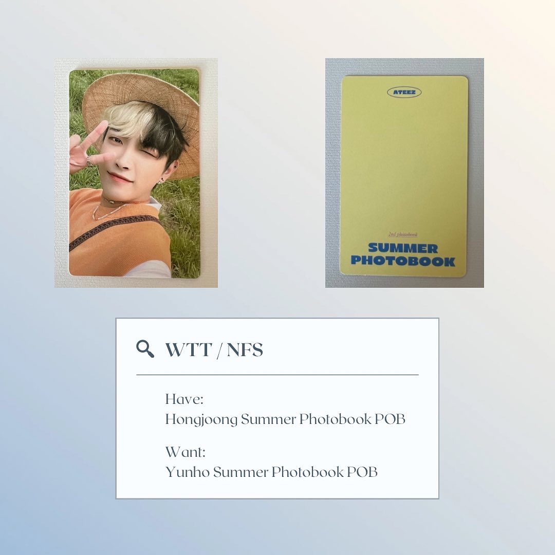 honeyhotteoks's tweet photo. hi friends!! i’m WTT this Hongjoong summer photobook POB for one of the pictured Yunhos!
trade proof on my ig @/starlight.trades
comment or dm me here or on ig if you’re interested! 💕
#ateeztrade #hongjoongwtt #hongjoongtrade #ateezwtt #yunhotrade #yunhowtt https://t.co/XRPIuixbmx