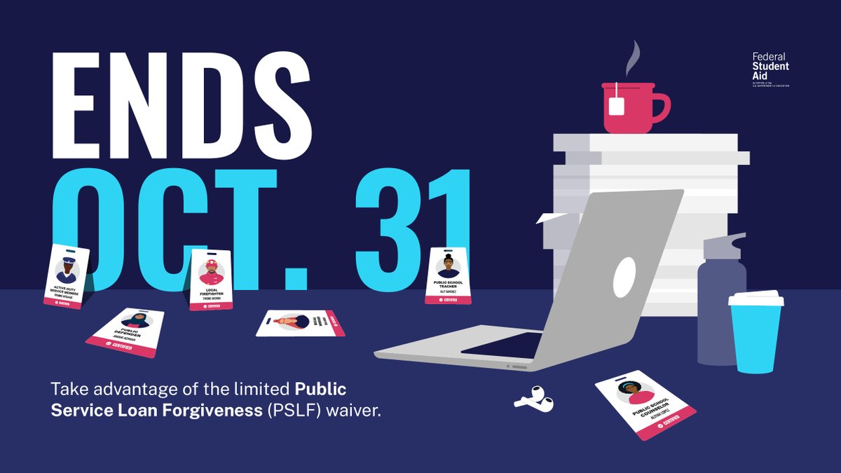 FAFSA's tweet photo. Time is running out! ⏱️ If you’re a nonprofit or government worker, don’t miss your chance to benefit from the limited Public Service Loan Forgiveness (PSLF) waiver. https://t.co/4FminG8JWc https://t.co/EBbyWJCJoO