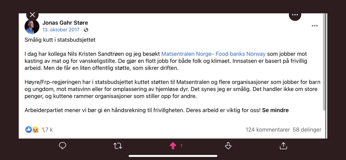 Arild Hermstad (@arildhermstad) on Twitter photo Hva ville <a href="/jonasgahrstore/">Jonas Gahr Støre</a> anno 2017 synes om at Jonas anno 2022 gjør akkurat det han kritiserte Solbergregjeringen for?
I en dyrtid hvor Matsentralen opplever store køer og det er matmangel globalt må vi øke, ikke kutte støtten til slike ordninger. Hva ville <a href="/jonasgahrstore/">Jonas Gahr Støre</a> anno 2017 synes om at Jonas anno 2022 gjør akkurat det han kritiserte Solbergregjeringen for?
I en dyrtid hvor Matsentralen opplever store køer og det er matmangel globalt må vi øke, ikke kutte støtten til slike ordninger.