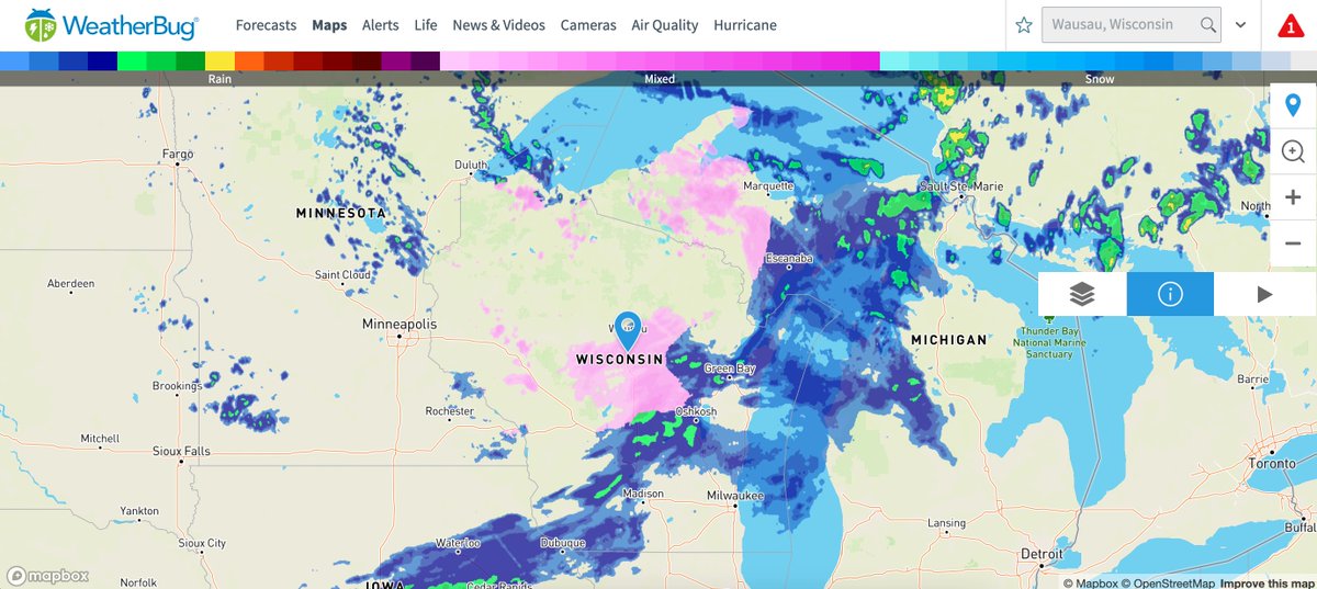 WeatherBug's tweet photo. Nearly freezing temperatures over central and northern Wisconsin allow for mixed precipitation to fall over the state, with some local areas seeing #snow. Check out the latest radar: https://t.co/aqHwXysBoe #Wisconsinwx https://t.co/zBrq2A5gtN