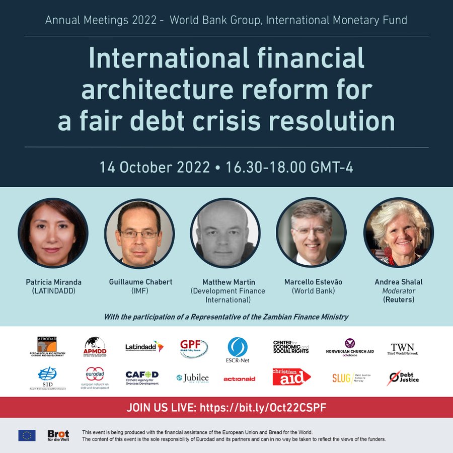 eurodad's tweet photo. Join us now to discuss #debt and international financial architecture reform - online at https://t.co/MVS77sF4qt or at IMF HQ2-03B-768B if you are in Washington DC. #IMFMeetings #AMCSO22 https://t.co/juP6VdlxV9