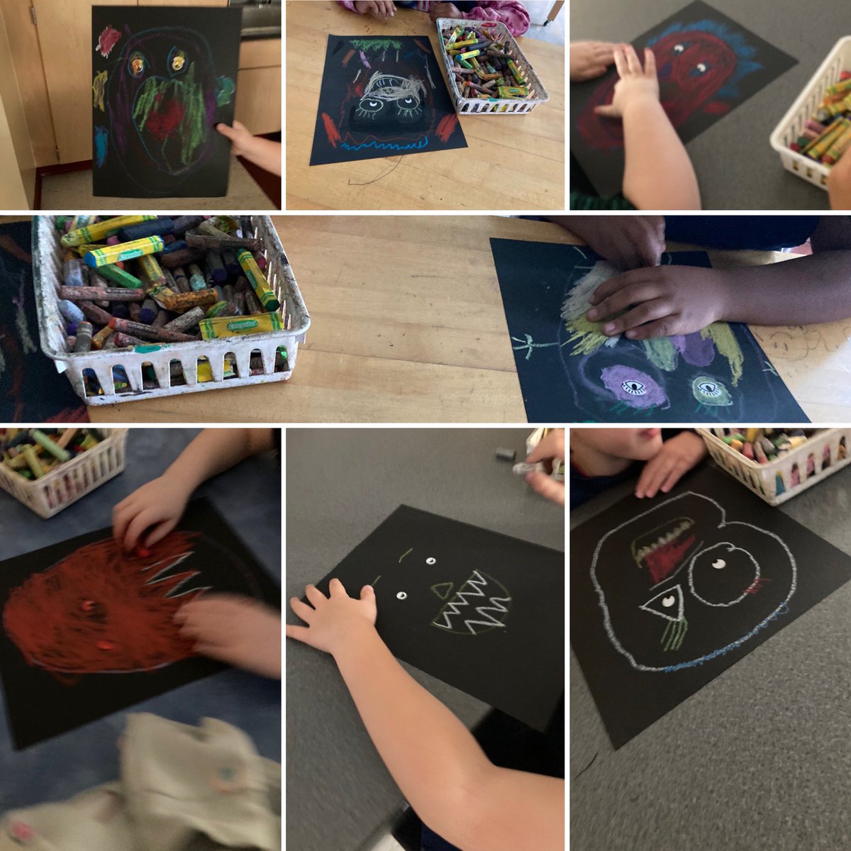 Kindergartners assigned colors, lines and shapes to express emotion in their feeling monsters while learning to blend with oil pastels and enjoying the illustrations of Ed Emberly.