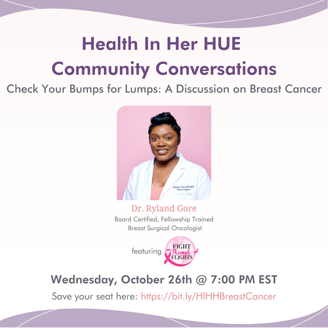 HealthInHerHue's tweet image. October is #BreastCancerAwarenessMonth! 🎀

We’re looking forward to bringing you this important conversation with Dr. Ryland Gore, a board-certified Breast Surgical Oncologist, and Esther Tambe from Fight Through Flights!

Register for this event here: bit.ly/HIHHBreastCanc…