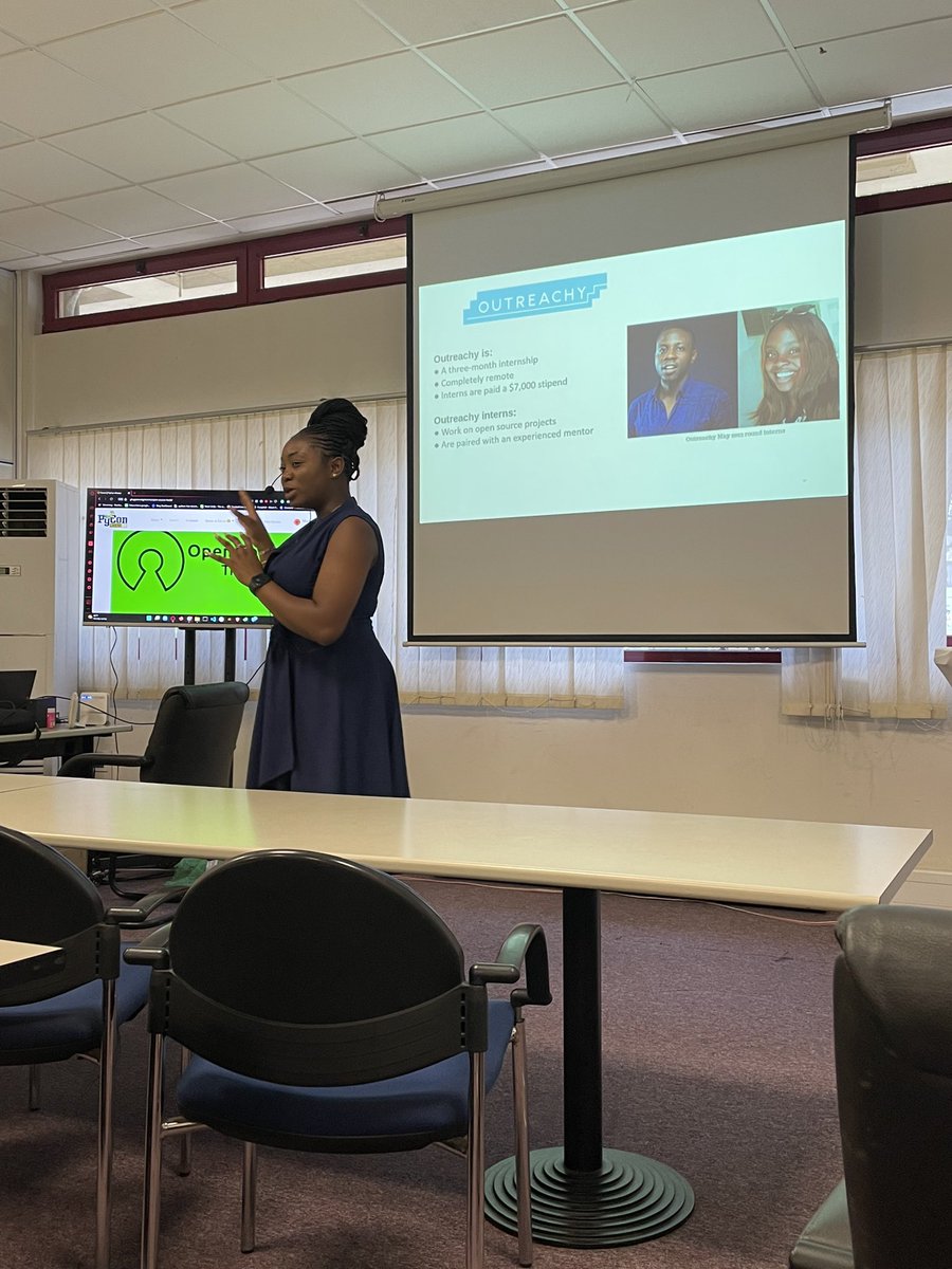 outreachy's tweet photo. At the pre-conference (workshop) session of the @PyGhana 2022, @elegant_tolly shared details of how open source contributions can be used to build one's career. She highlights the requirements, processes, and benefits of the @outreachy program.  

#PyConGhana22 #PyConGhana https://t.co/D8AqMDqECo