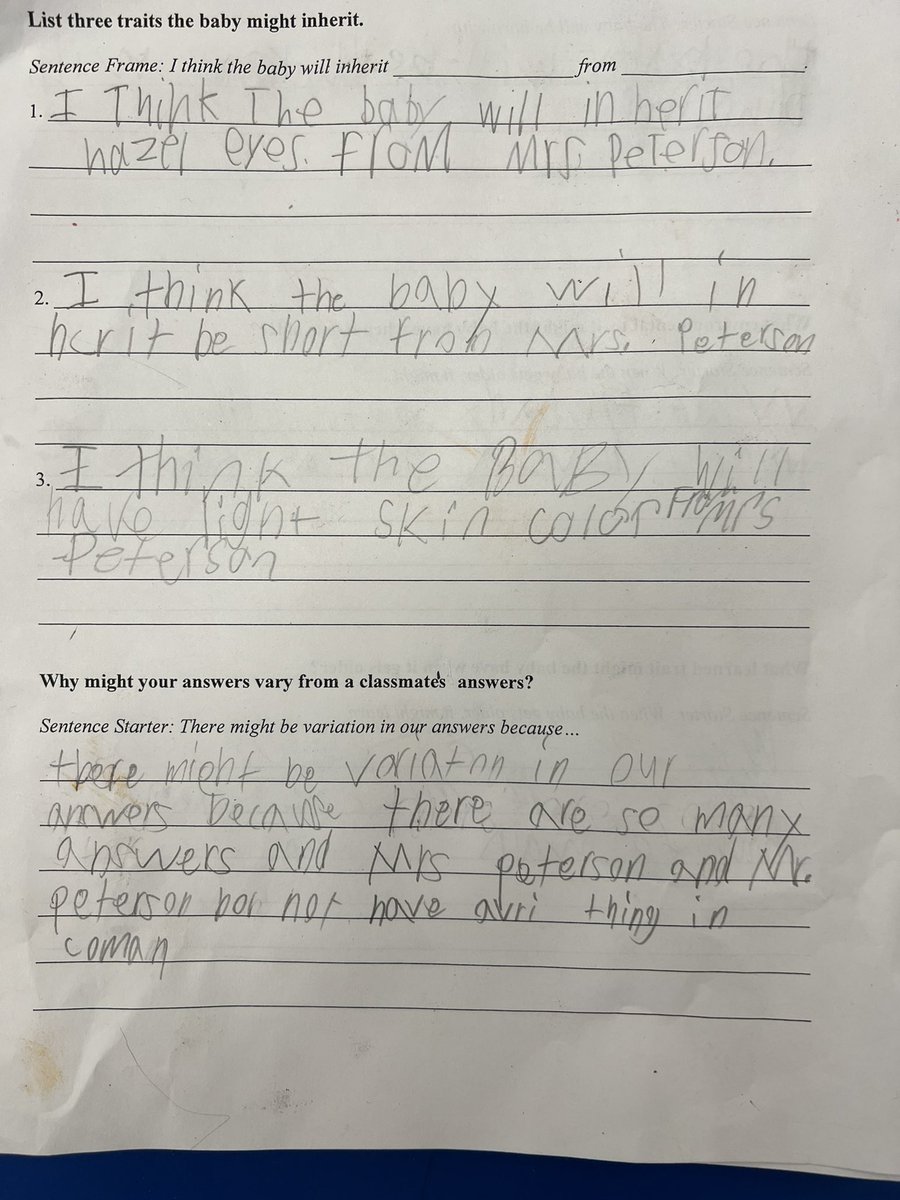 MrsPeterson3rd's tweet photo. 1 of the culminating activities for our #traits unit was to determine what traits Baby Peterson #2 might have. Students  did an awesome job applying their knowledge about #inheritedtraits, #variation, #environmentaltraits, and #learnedtraits! #3rdgrade @sps_bates @SalemSchoolsk12 https://t.co/B2Fr4xdzxx