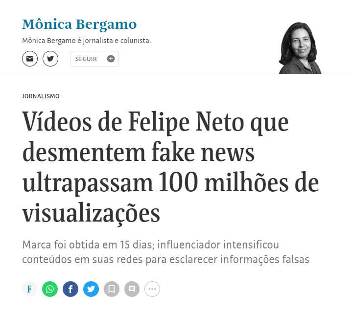 Vídeos de Felipe Neto que desmentem fake news ultrapassam 100 milhões de  visualizações - 14/10/2022 - Mônica Bergamo - Folha