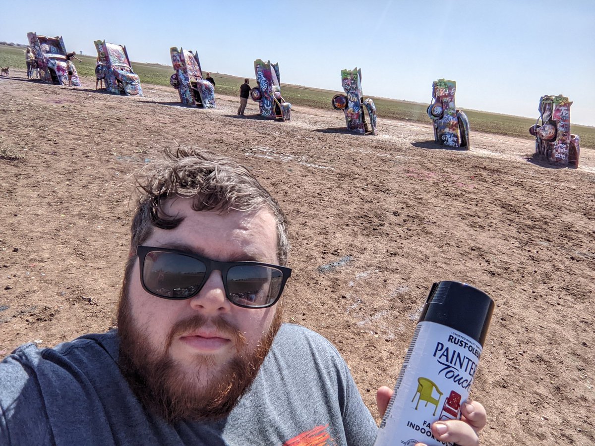 VBArtPlace's tweet photo. Another mark, this one in the form of a tag at Cadillac Ranch off Route 66. This art brought to you by the can of spray paint my Uncle Charlie gave me &amp; all the half full bottles people leave in the trash cans nearby lol
#TravellingArtist #CarLiving #CarCamping #VanLife https://t.co/6sZGNUBKmH