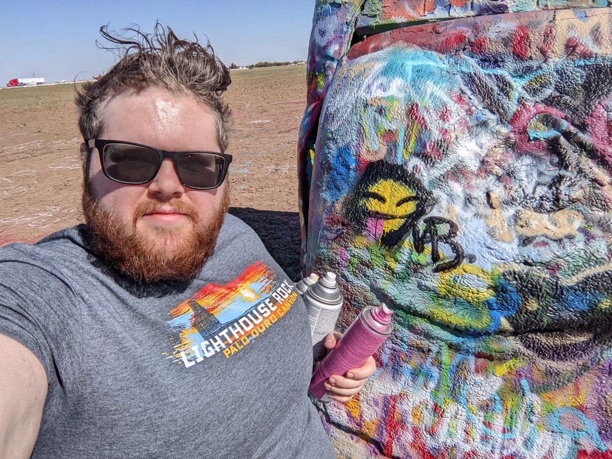 VBArtPlace's tweet photo. Another mark, this one in the form of a tag at Cadillac Ranch off Route 66. This art brought to you by the can of spray paint my Uncle Charlie gave me &amp; all the half full bottles people leave in the trash cans nearby lol
#TravellingArtist #CarLiving #CarCamping #VanLife https://t.co/6sZGNUBKmH