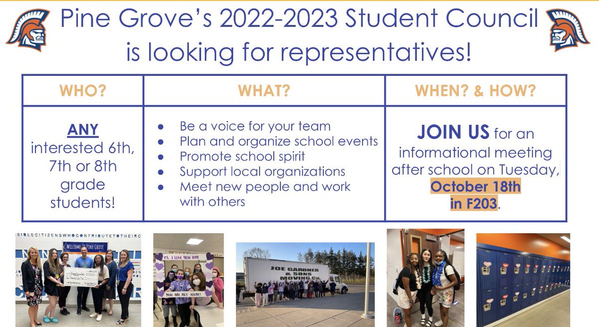 Any students interested in being involved in Pine Grove’s Student Council this year should plan to attend an informational meeting after school on Tuesday, October 18th in F203. It’s open to students in 6th, 7th & 8th grades. #esmPGproud @PopovichMeg @magilla1003 @THartford_ELA