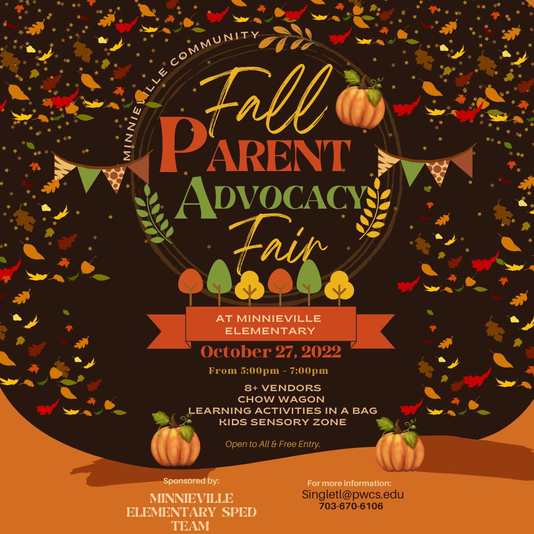 Ms. Tyese Singleton (@singleton_tyese) on Twitter photo Come, learn and celebrate -Our 1st Fall Parent Advocacy Fair -Thurs., Oct. 27th from 5pm-7pm. Come see community organizations & vendors and what services they offer specific to our students with special needs. The invitation is extended to our entire <a href="/MNEStheBest/">Minnieville Elementary</a> family. Come, learn and celebrate -Our 1st Fall Parent Advocacy Fair -Thurs., Oct. 27th from 5pm-7pm. Come see community organizations & vendors and what services they offer specific to our students with special needs. The invitation is extended to our entire <a href="/MNEStheBest/">Minnieville Elementary</a> family.