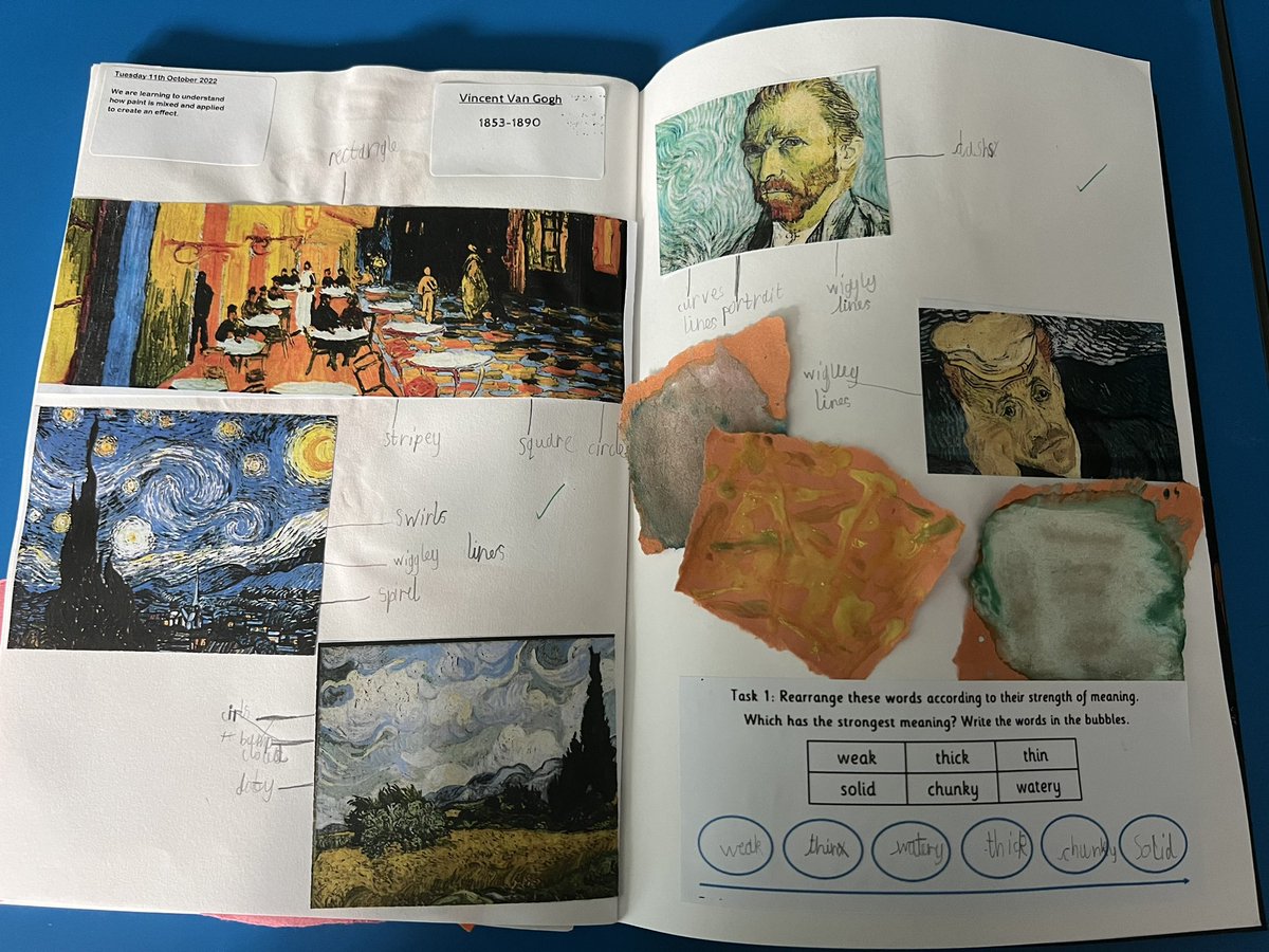 MeghanEdwards0's tweet photo. How brilliant are Y3s sketchbooks annotating Van Gogh’s use of patterns! We then had a go at using some of Van Gogh’s techniques ourselves! 🎨 https://t.co/gkByXlEIux