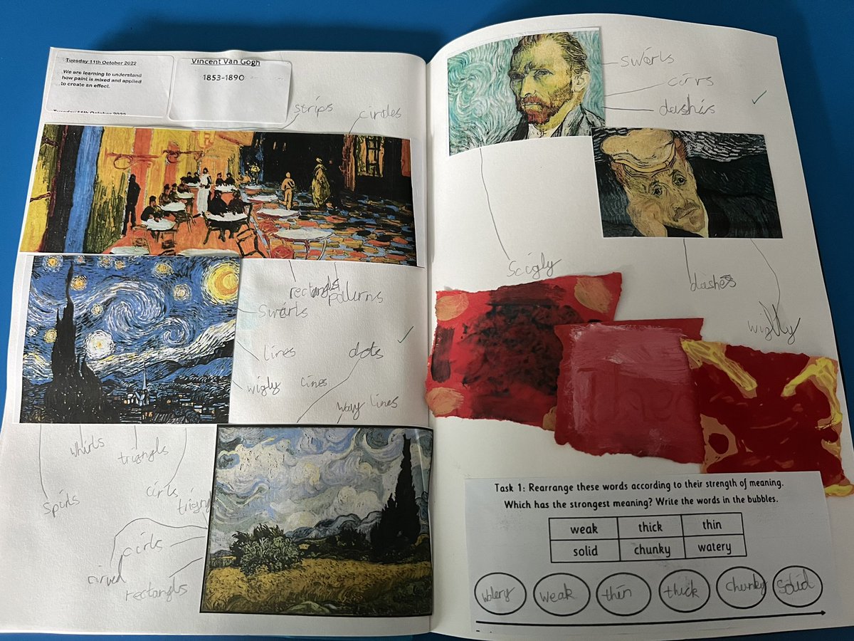MeghanEdwards0's tweet photo. How brilliant are Y3s sketchbooks annotating Van Gogh’s use of patterns! We then had a go at using some of Van Gogh’s techniques ourselves! 🎨 https://t.co/gkByXlEIux