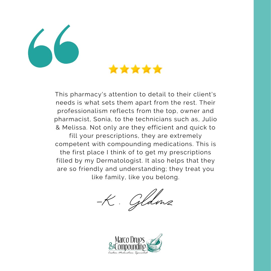 marcodrugs's tweet photo. All of our clients are family to us! At Marco Drugs we will always prioritize your needs and your health by making sure you have the medications you need.

#compoundingpharmacy #miamicompoundingpharmacy #floridacompoundingpharmacy #pharmacytestimonial https://t.co/jPvacv4EYF