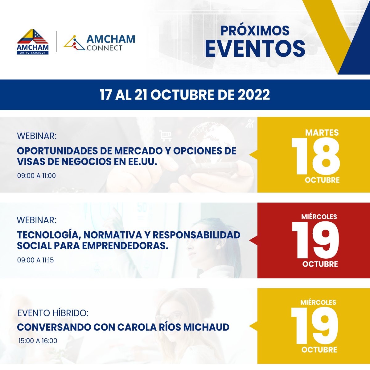amchamec's tweet photo. 📌 #AmchamConnect

Estos son nuestros eventos programados para la próxima semana 🗓️✅

Regístrate 👉https://t.co/SUvBH1tIII 👈 https://t.co/P4QW0D4Ag5