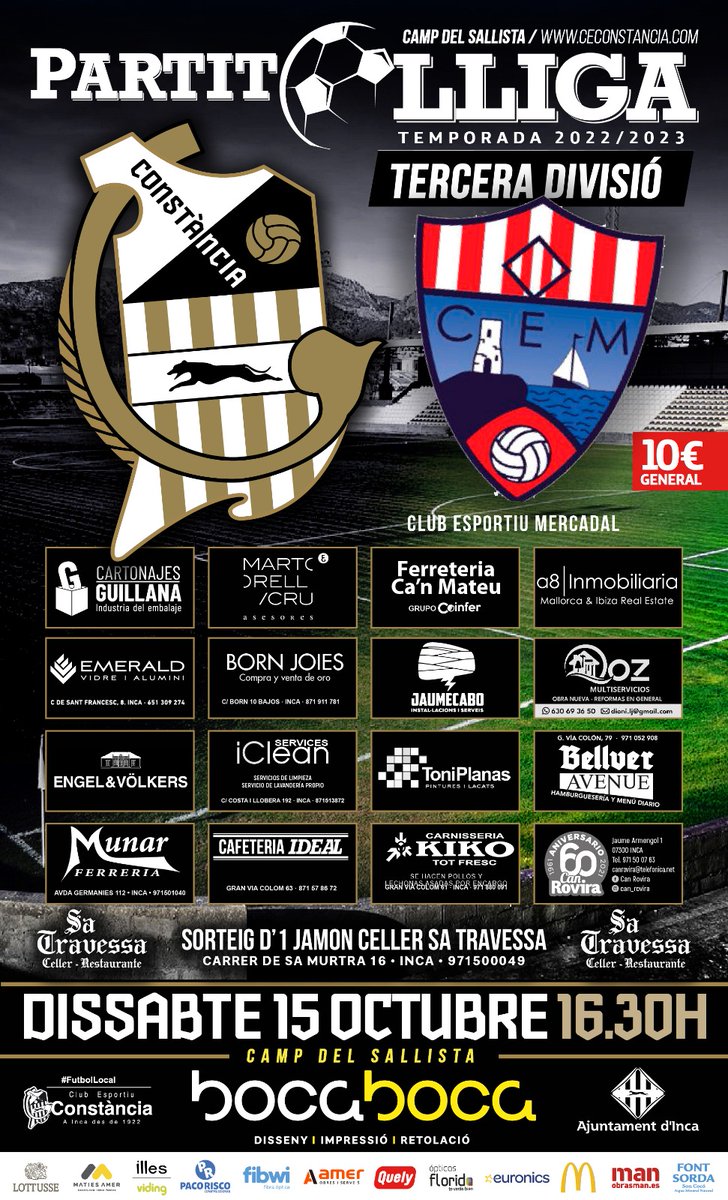 🔛 Demà!

📆 Dissabte 15-10-2022

⏰ 16.30

🏟️ Camp Sallista 

⚽ <a href="/CEConstancia/">CE Constància</a> 🆚 <a href="/CeMercadal/">CE Mercadal</a>

#TerceraRFEF 
#CONSTÀNCIAiHONOR #CentAnysEnBlanciNegre