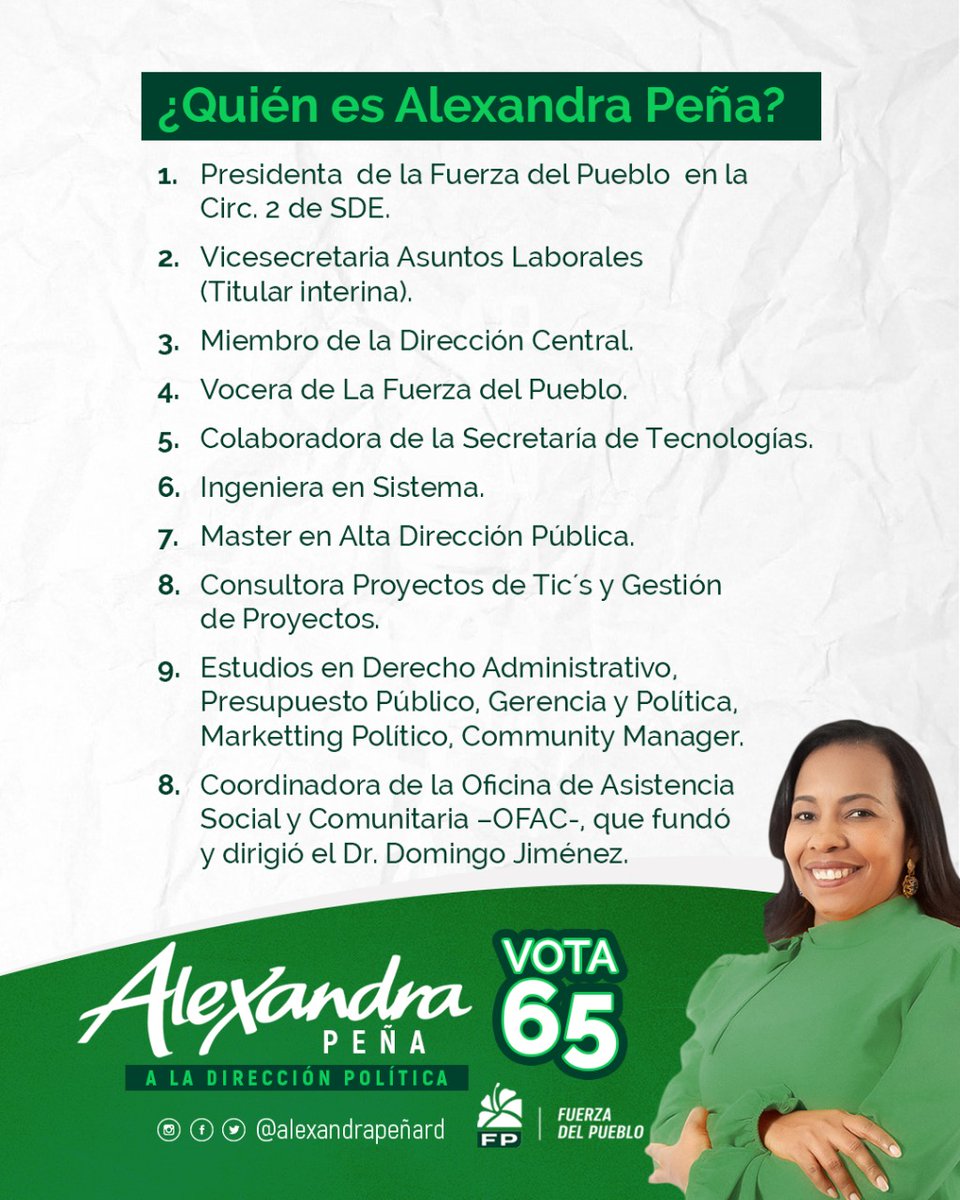 wallynet3's tweet photo. @AlexandrapenaRD ¡Comprometida y leal! ¡Vota 65! #AlexandraPeñaDP #FuerzaDelPueblo #FPComunica #ComprometidaYLea https://t.co/oetkDh3oDE