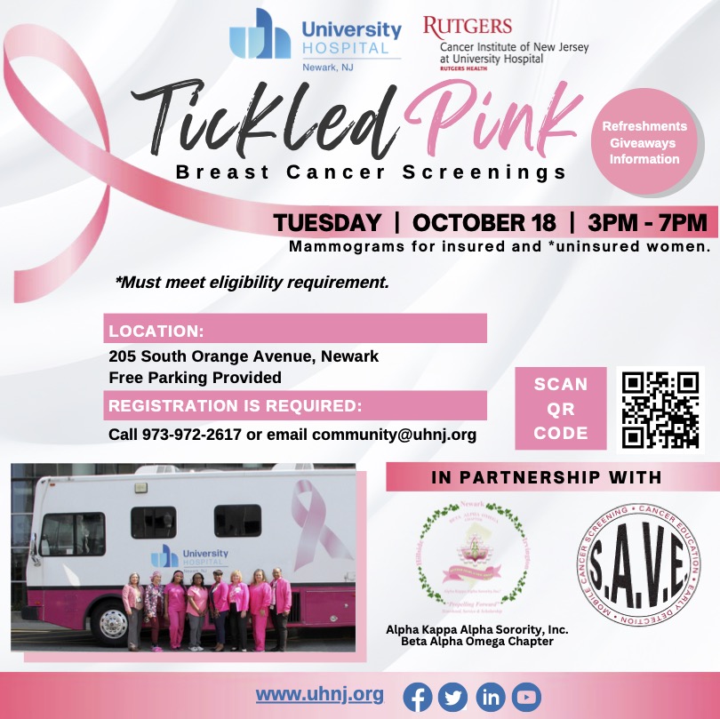 Breast cancer that’s found early is easier to treat, which is why regular, preventative screenings are essential. Call 973-972-2617 to see if you qualify for a FREE mammogram next Tuesday, October 18th as part of our Tickled Pink event. More details in flyer.