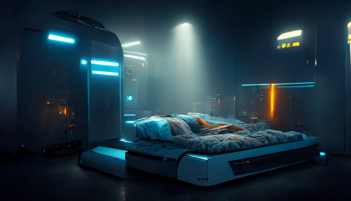 RelatosDeHugo's tweet photo. Exploring the amazing tools of AI to create scenarios for my stories. This one is a kind of futuristic bed that will have relevance in some of my stories. I'm not spoiling the stories for now. It is not exactly what I had in mind, but the results are astonishing. #midjourneyAi https://t.co/a6PeB7KfTk