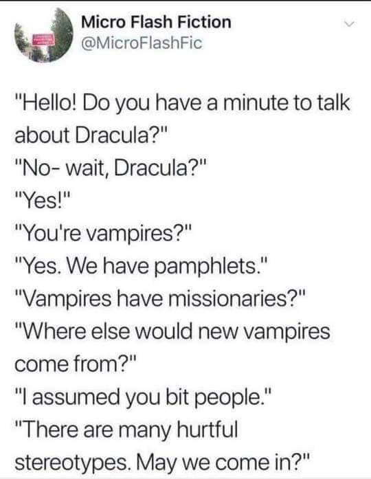 BrandyITimmons's tweet photo. 😂😂 Misheard conversations can be confusing but so hilarious.
#brandyitimmons #paranormalwriter #vampirememe #vampires #dracula #amwriting #misheardconversations https://t.co/D3SbCkTQO1