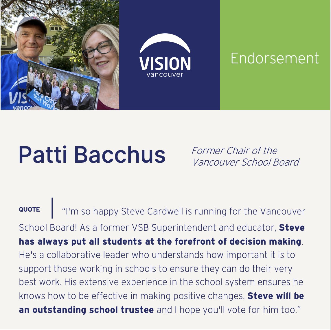 Thankful to <a href="/pattibacchus/">Patti Bacchus</a> for encouraging me to take that big leap to run for school board. I have always admired her advocacy and fierce commitment to doing what is right. Thank you Patti for endorsing the entire <a href="/VisionVancouver/">Vision Vancouver</a> slate. #bced #vanpoli #VanElxn2022  #votevision.