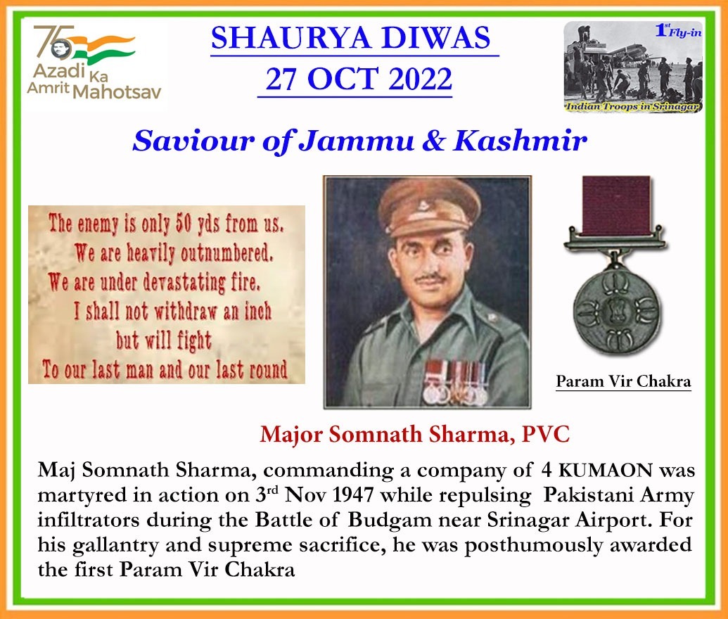 SushilSwain16's tweet photo. *#ShauryaDiwas2022*. This is how #IamSomnathSharmaPVC saved #Srinagar #Kashmir #Kashmiris #Kashmiriat #JammuKashmir 4m #PakistanTerroristState in Oct 1947. #SanctionPakistan &amp; #BlackListPakistan. https://t.co/y3hwQLgcP6