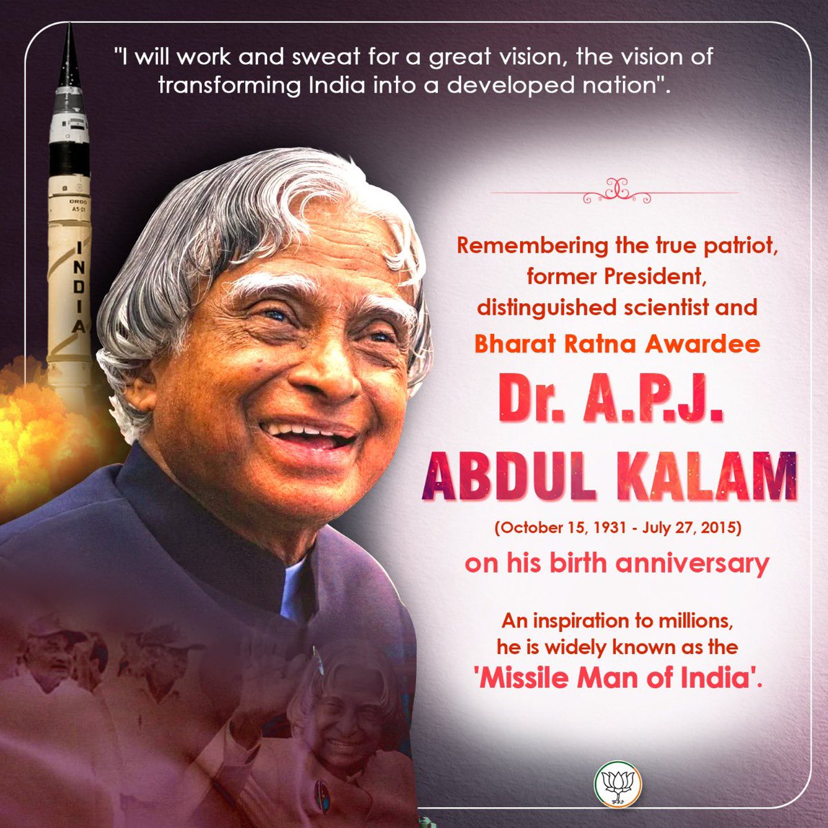 drlaxmanbjp's tweet photo. "I will work and sweat for a great vision, the vision of transforming India into a developed nation".

Remembering the dialogue from a true patriot, former President, distinguished scientist and Bharat Ratna Awardee, Dr. A.P.J. Abdul Kalam on his birth anniversary. https://t.co/KpzsomyCFN