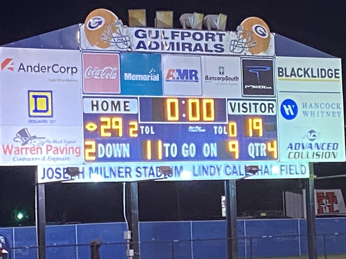 Final from Milner Stadium: Gulfport 29, Harrison Central 19. The Admirals improve to 7-1 overall, 4-0 in region play. Back in action next Friday vs D’Iberville at home.