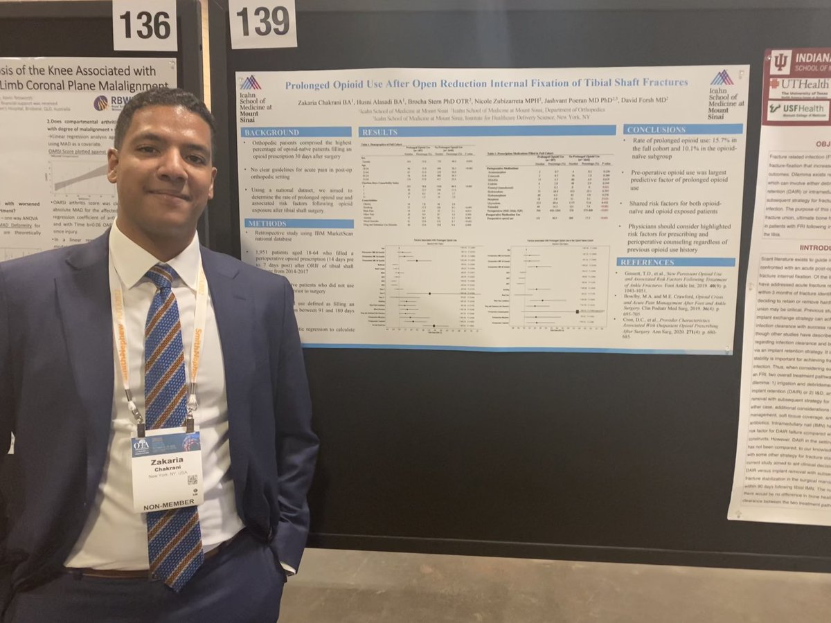 ZakariaChakrani's tweet photo. Excited to have been able to share our research on prolonged opioid use in pts w/ tibial shaft fractures undergoing ORIF at #OTA2022! Couldn’t have done it without the support of Dr. Forsh, @jashvant_p, @BrochaSternOT, and Nicole! @MountSinaiOrtho @otatrauma @IcahnMountSinai https://t.co/3kAWhOeHeH