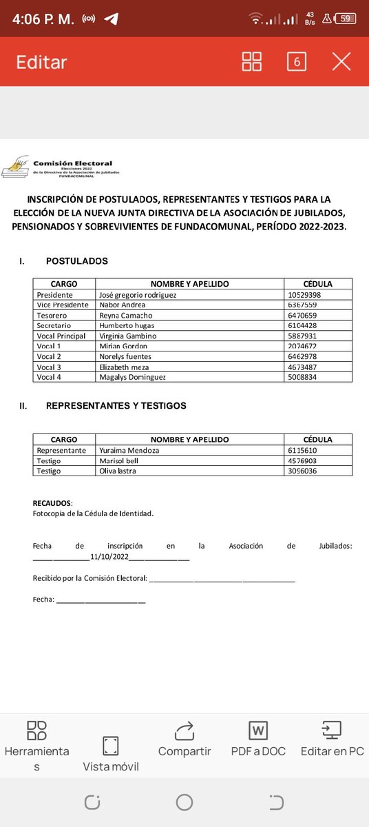 Así quedó conformada la única plancha que se postulo para la nueva junta de la asociación de jubilados de fundacomunal 2022 2023
