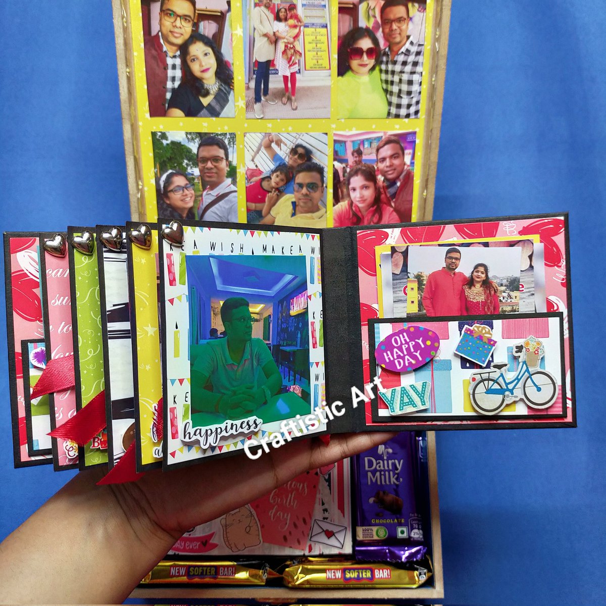 craftisticart's tweet image. Best Birthday Gift For Husband. Holds 60 photo's includes Mini Scrapbook, Pop up cube in a box, Chocolate, Match Box, Message frills, Envelope Card, light. Box size- 8"×8". Customization available. Order before 30 days. Video Link: youtu.be/RvN9CZXlfmI#Cr… #mdfbox #hamperbox #gift