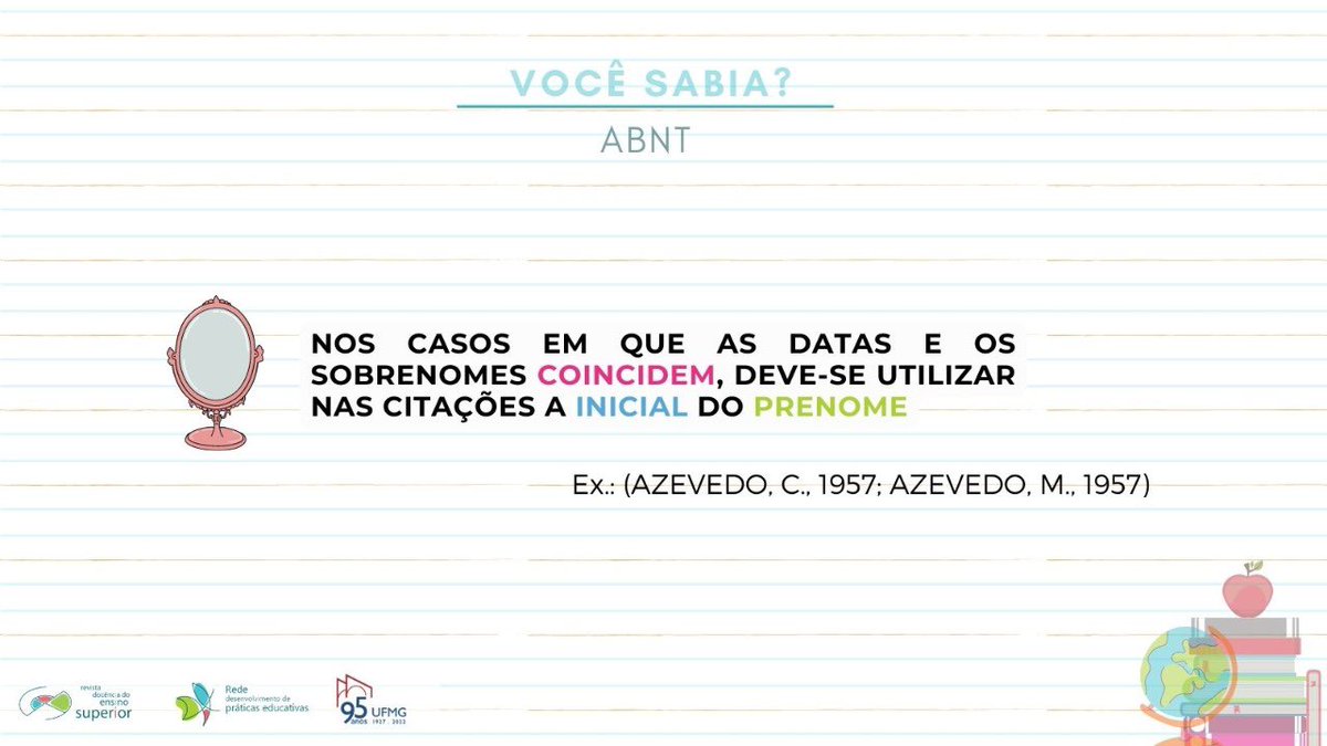 RDES_UFMG's tweet photo. Você sabia como devem ser as referências com autores com mesmo sobrenome? No quadro de hoje iremos conversar sobre isso.

#ensino #educação #RDES #GIZ #UFMG #vocêsabia #abnt #referências https://t.co/MP8tB6iAxM