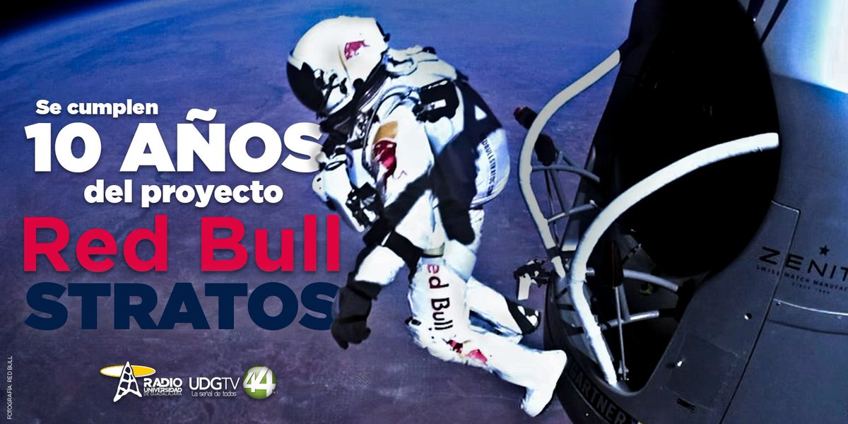 RadioUdeG's tweet photo. Hace 10 años, el proyecto #RedBullStratos impactó a toda una audiencia que vio como Félix Baumgarther rompió la barrera del sonido y otros dos récords mundiales durante su famoso salto en el límite del espacio. 🌎🪂 https://t.co/lnXrptgKxq