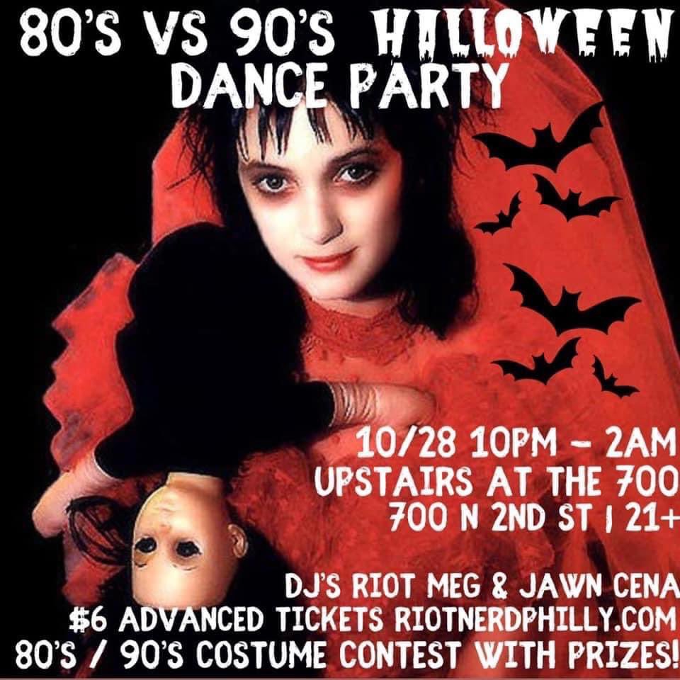 RiotNerdPhilly's tweet photo. 80s &amp; 90s Halloween Party on 10/28! Tix on sale now for 6 bucks. Website listed in graphic. 🎃 #philly #northernliberties #phillygoth #phillyparties #phillyhalloween https://t.co/ofW88hr1ue