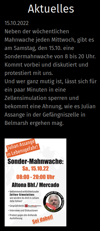 AfaNord's tweet photo. Am 12.10. fand die wöchentliche Mahnwache für Julian Assange in #Altona ab 17 Uhr statt.
Wieder waren Gesichter aus der #Querdenken-Szene #Hamburg anwesend.
Am Sa. 8-20 Uhr ist die Mahnwache mit den verschwörungsideologisch geprägten "NachDenkSeiten" geplant.
#QuerdenkenStoppen https://t.co/VYBVqrYGZ9