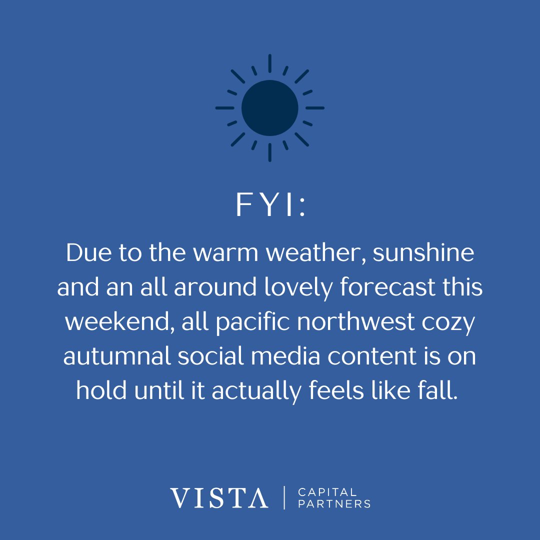 vistacp's tweet photo. Pumpkin spice is on pause until further notice. Be sure to take your sunscreen to the pumpkin patch and enjoy the extended summer vibes we've been given. ☀️.

Signed,
Your Vista Team https://t.co/Z4LqhM38Go