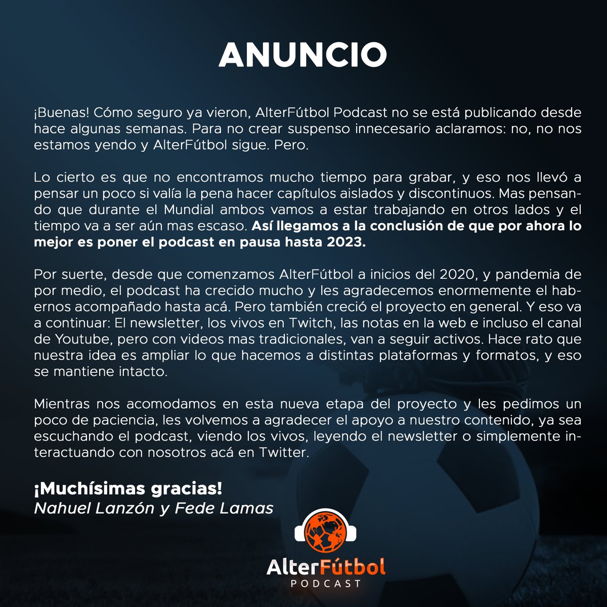 🔴 ¡ANUNCIO! 🔴

AlterFutbol Podcast se toma una pausa... pero AlterFútbol sigue!

Último capítulo (por el momento): Irán - youtube.com/watch?v=rxXX55…