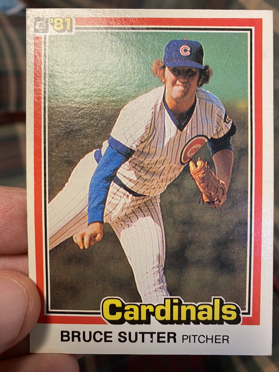 EVLIVjohnmartin's tweet photo. Hall of Famer Bruce Sutter passed. Went back to look at my cards of him, and I found this 1981 Donruss where he’s in a Cub uniform but labeled a Cardinal. Worth anything? #RIPBruceSutter #BruceSutter @baseballhall https://t.co/MwOXpB4Ysb