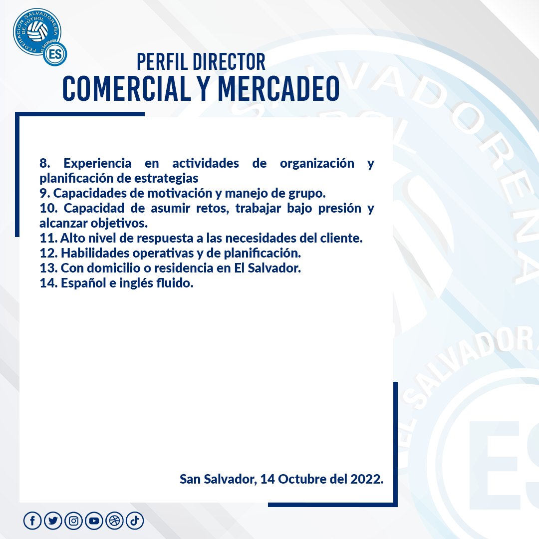 El Comité de Regularización de la #FESFUT requiere contratar un Director Comercial y Mercadeo. 

Interesados (as) presentar atestados (Fecha límite):
🗓️ Viernes 21 Octubre 2022
⌚️ 4:00 p.m.
📍 Edificio FESFUT, 3° Planta, oficina Secretaria Gral.
📧 mecheverria@fesfut.org.sv