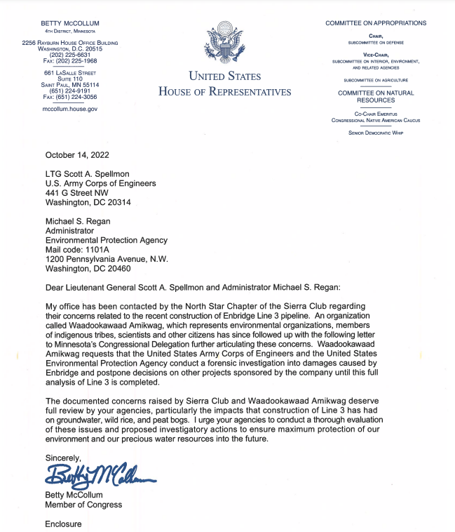 JamiG4MN's tweet photo. Good news, @JohnMarty!
@BettyMcCollum04 is on the case, asking on behalf of @SierraClubMN and Waadookawaad Amikwag / Those Who Help Beaver, for a full review by @USACEHQ & @EPA of the impacts Enbridge's Line 3 construction had on groundwater, wild rice, and peat bogs. #NoLine5 https://t.co/aAaNvlhX8u