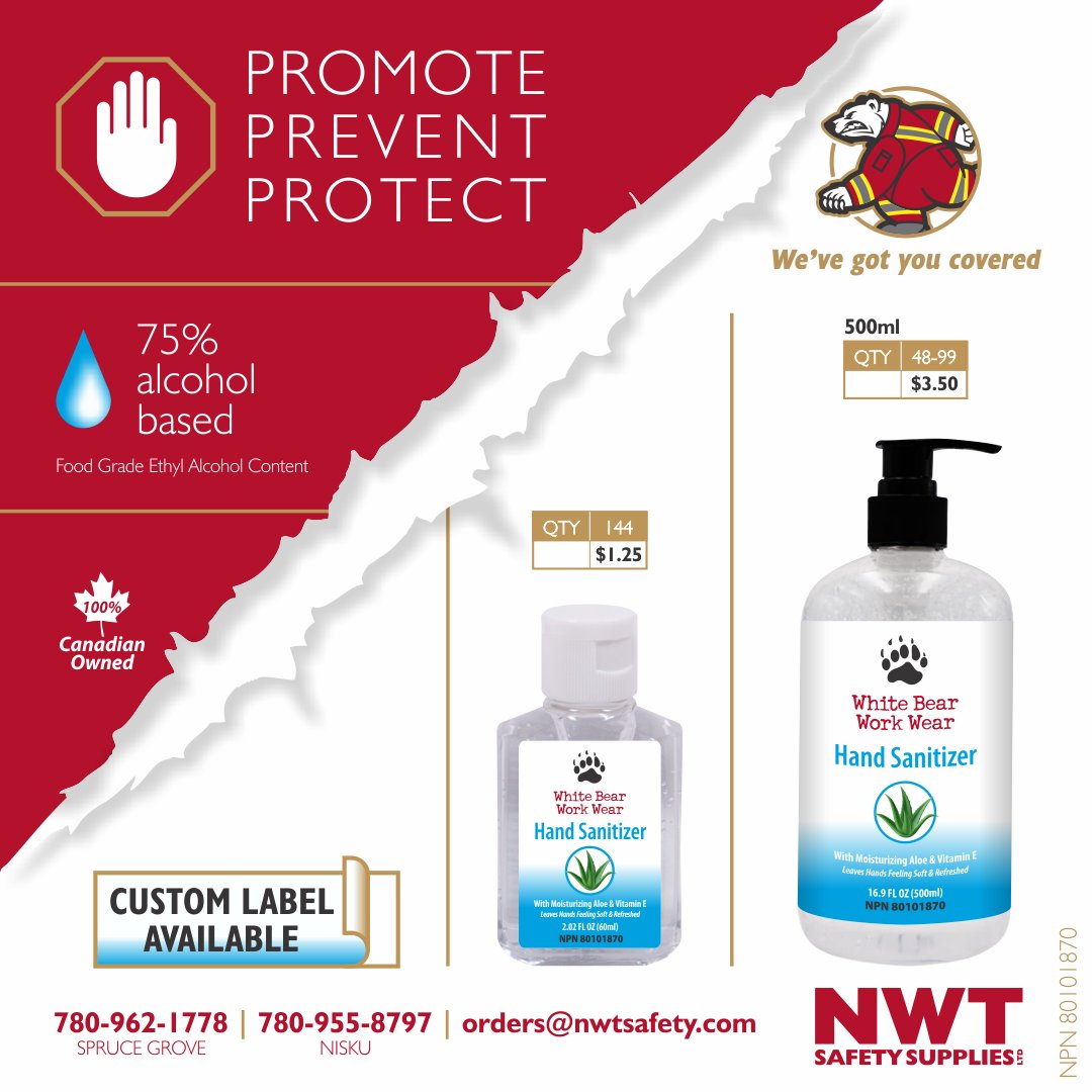 NWTSafety's tweet photo. New lower price for hand sanitizers. 2 sizes available. Contact us about custom labels for your brand. #sprucegrove #nisku #safetysupplies #handsanitizer #custom https://t.co/1DmgbaiEMG