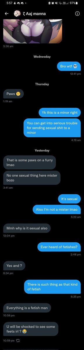zoophileL's tweet photo. Some messages between me and a zoo arguing whether paw fetish yiff is sexual (it is btw)
They sent it knowing it was to a minor
Cropping out the yiff just to keep this account as sfw as possible https://t.co/66KRqyV83x