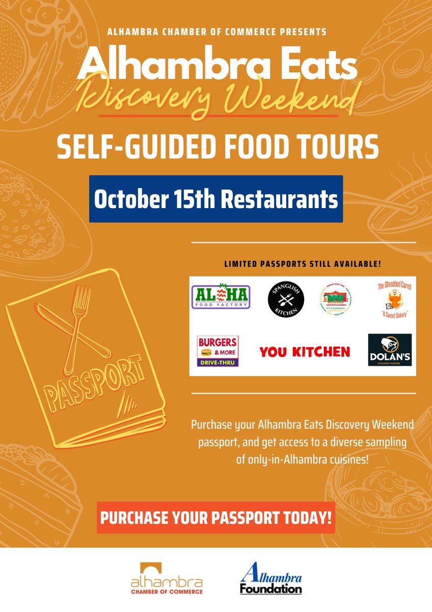 Get in your car and explore #Alhambra to discover its diverse flavors on Saturday, October 15th from 1:00 PM to 4:00 PM with the Citywide Discovery Passport!
Limited passports still available! alhambrachamber.org/event-4913289