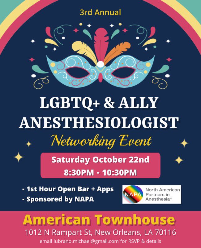 LGBTQIAnesth's tweet photo. Hey #ANES22! Join us for our 3rd #LGBTQ+ and Ally #Anesthesia Event! The 1st hr is an OPEN BAR+apps! Come meet LGBTQ+ Anesth, network, find a mentor, or just relax with friends!

RSVP (bttm of flier) and RT!! @ASALifeline @PediAnesthesia @DoctorJesseMD

Help Spread the word!🏳️‍🌈🏳️‍⚧️ https://t.co/ZyYwtRh0c0