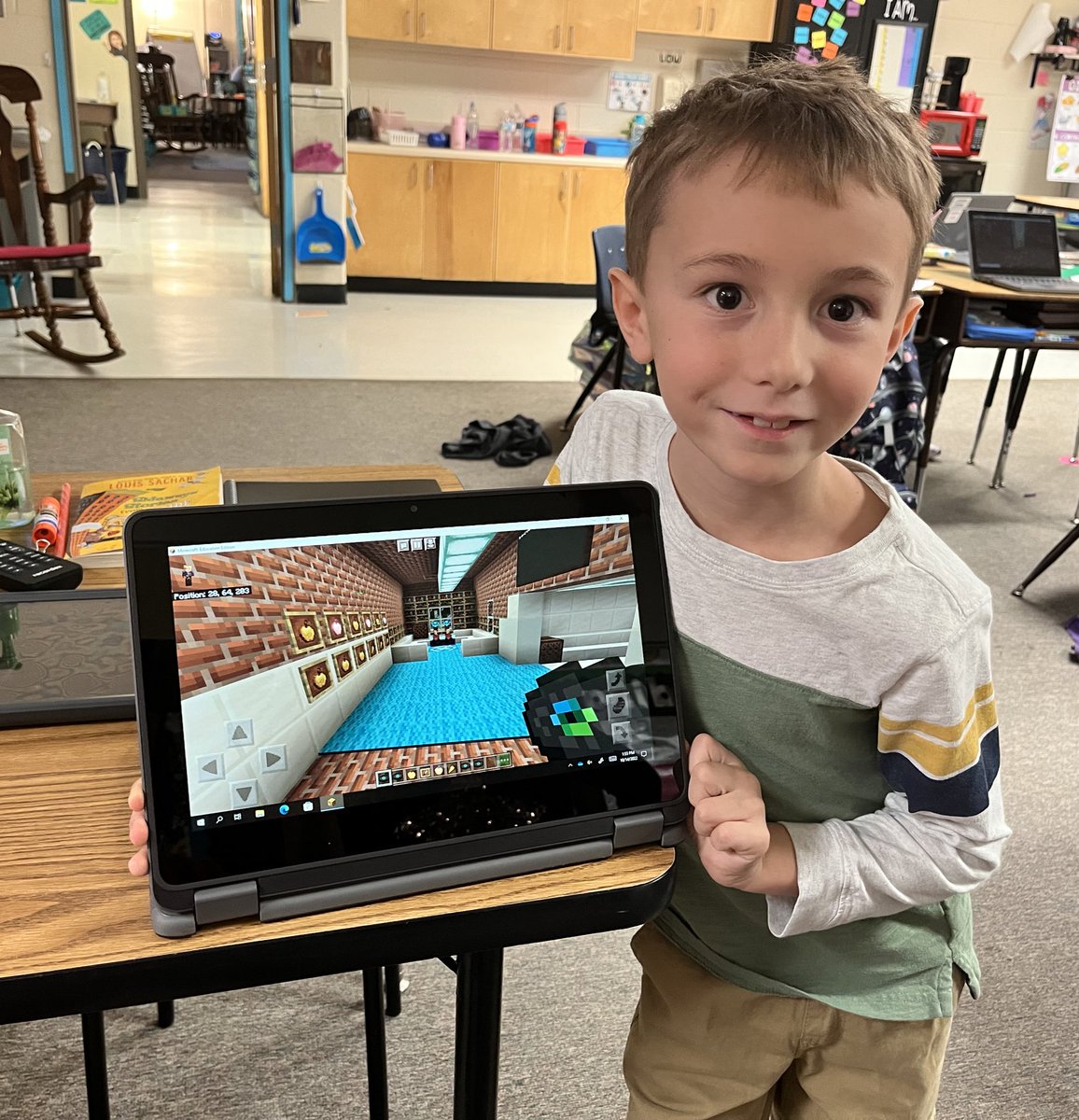 TeachDrWhite's tweet photo. We had a Minecraft Challenge to design a school space. This friend chose to design a “Teachers Only” room for us to relax, read, eat snacks, and listen to music. Love his heart! ❤️ #ThirdGradeLife @PlayCraftLearn https://t.co/Kd3tDAFvUA