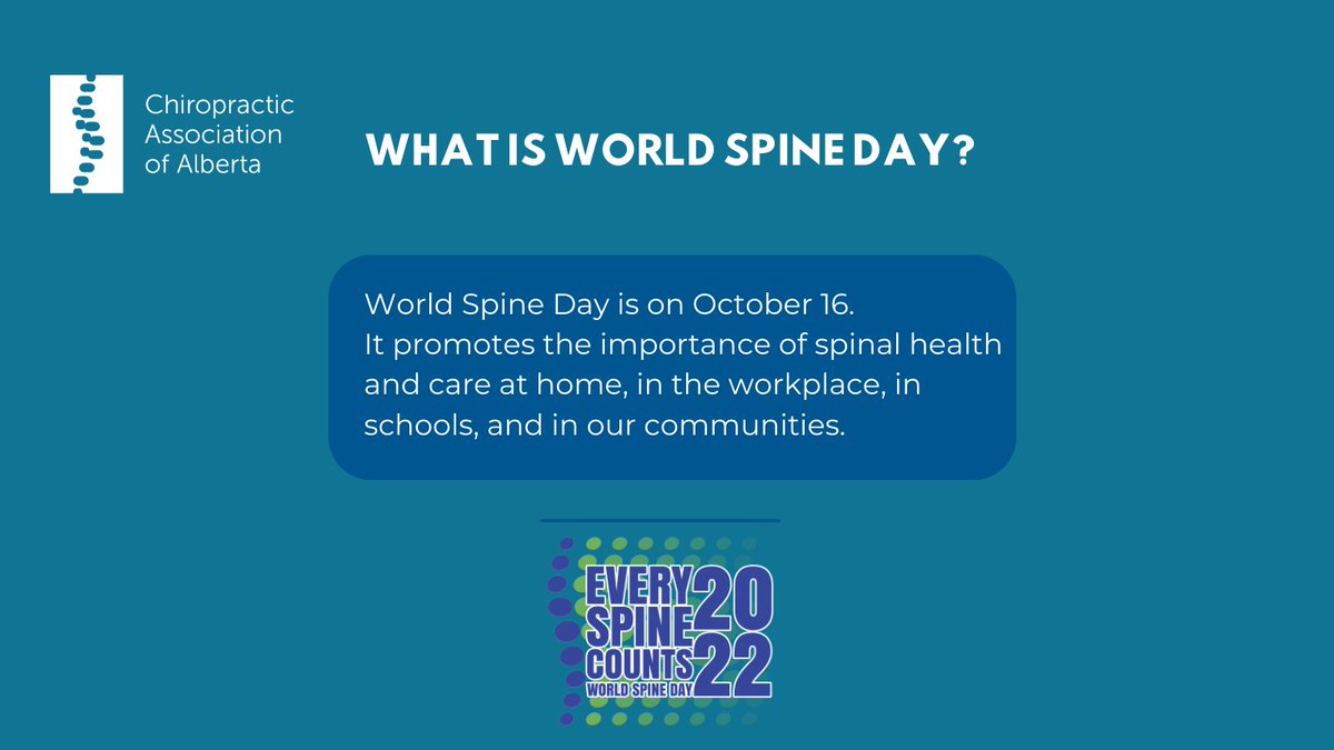 AlbertaChiro's tweet photo. World Spine Day is this Sunday, October 16. This global event promotes the importance of spine health across the globe. Learn more: https://t.co/GZnjcAub9j

#EverySpineCounts #FactFriday #Chiropractic https://t.co/4q5qKO31rX